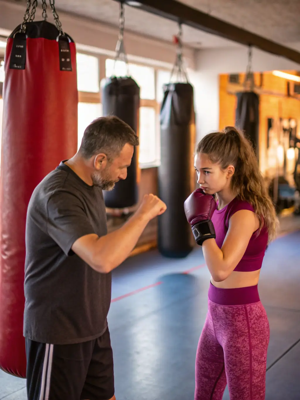 A focused image of a boxing coach providing one-on-one instruction to a trainee, adjusting their stance and technique in the boxing ring.