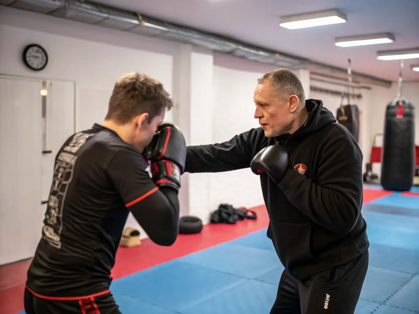 A dynamic shot of a boxing coach demonstrating proper punching technique to a beginner in a well-lit boxing gym, showcasing personalized instruction.