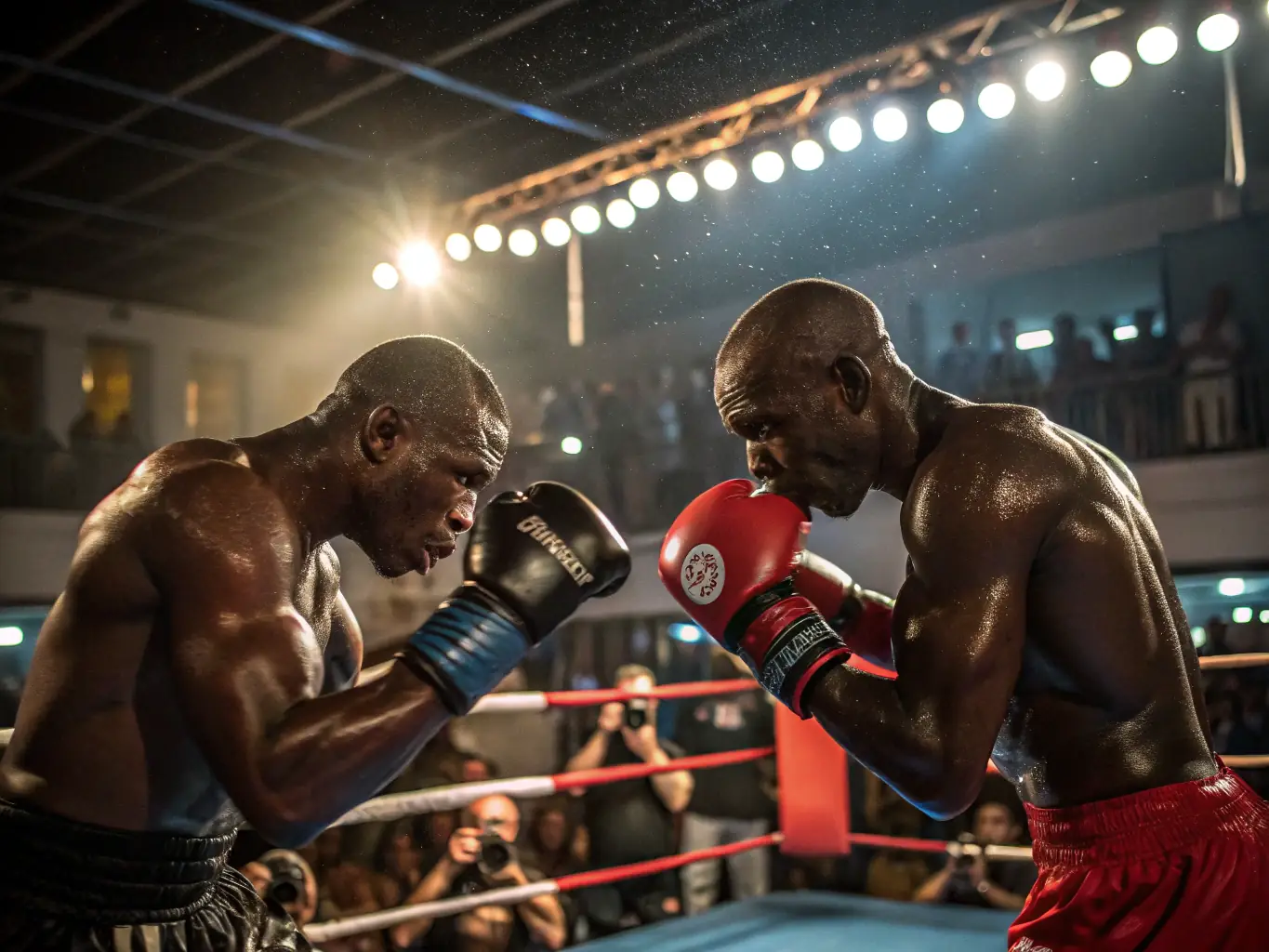 A high-energy image of two boxers sparring under the supervision of a coach, emphasizing the intensity and skill development of the intermediate program.