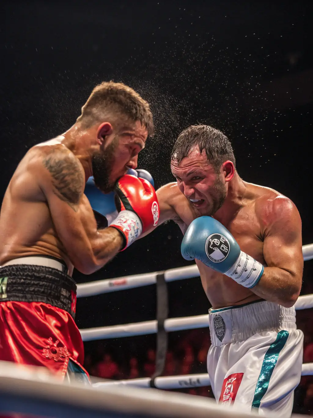 An action shot of advanced boxers sparring in a ring, showcasing technique, agility, and strategic thinking during a high-intensity session.