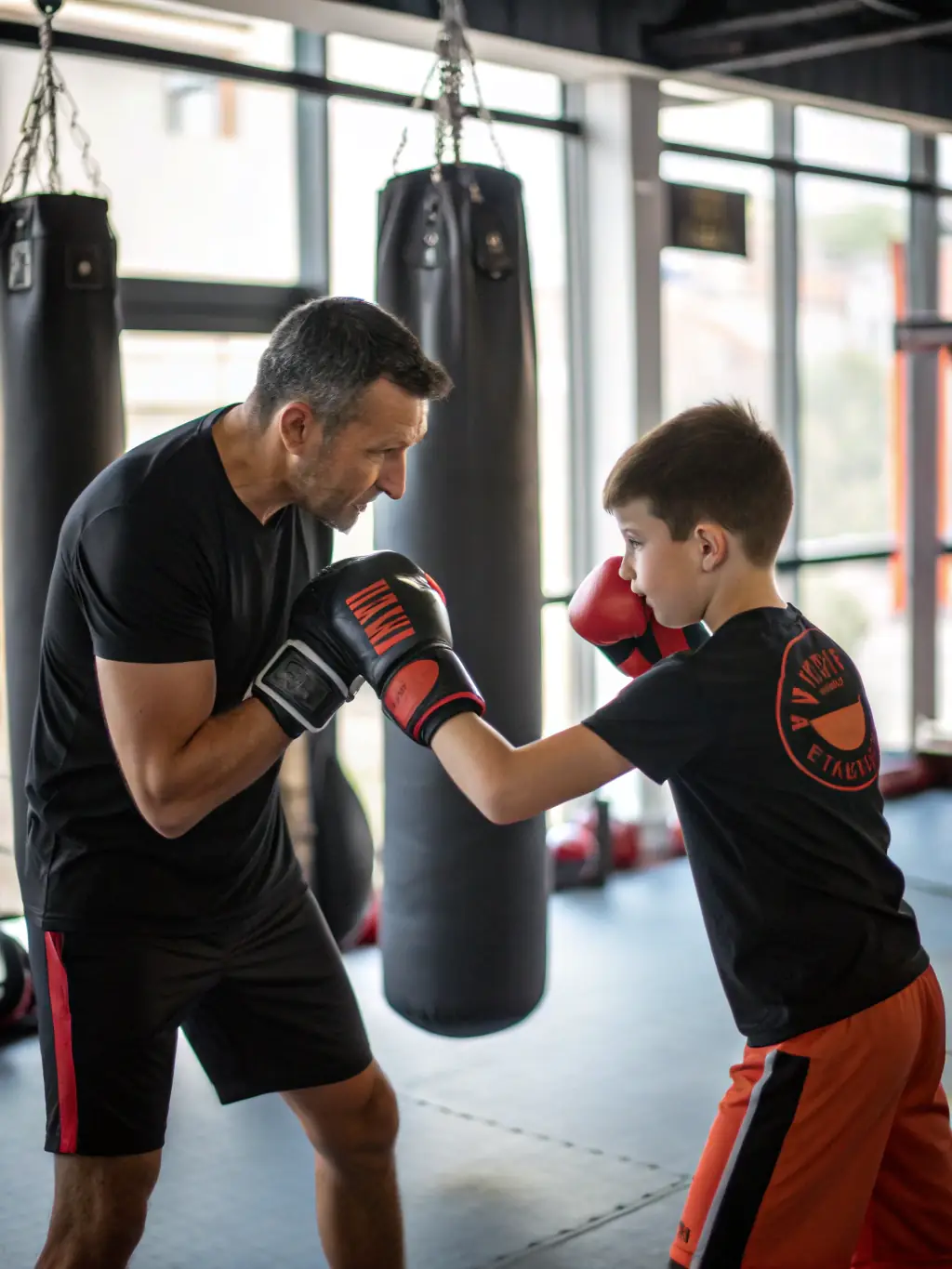 A boxer and coach discussing progress and setting new goals, using a whiteboard to visualize training milestones and achievements.