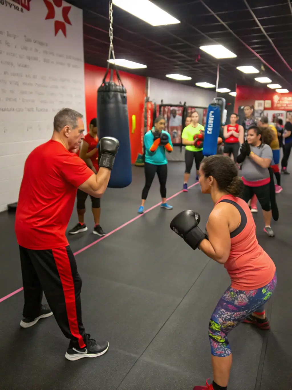 A focused image of a beginner boxing class, showing participants learning basic stances and punches under the guidance of a trainer in a modern boxing gym.
